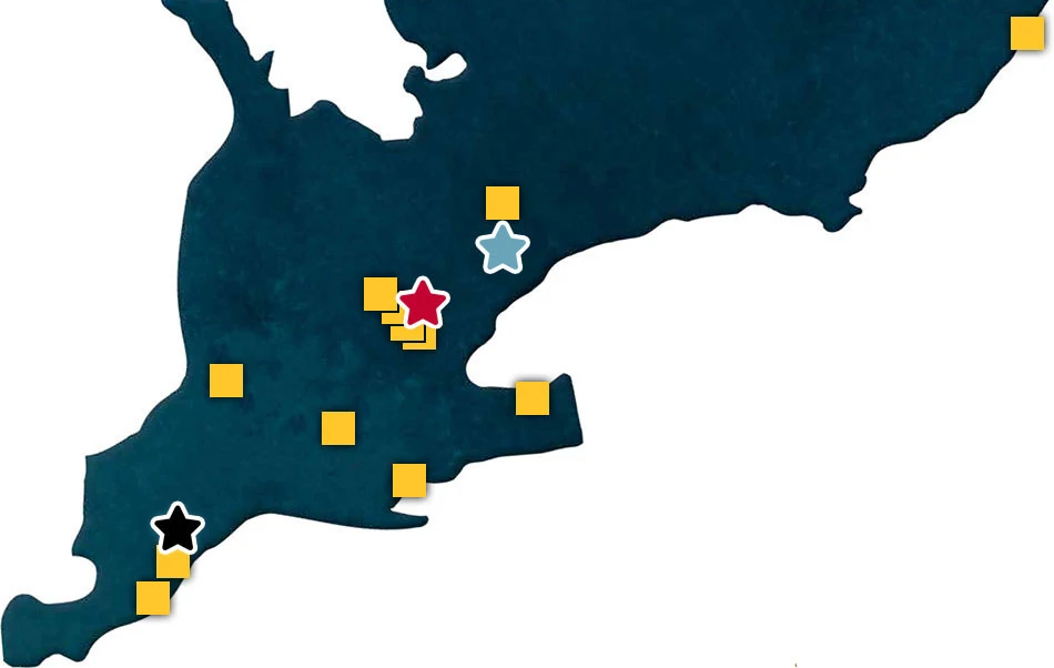 Map of south-western Ontario with research stations and campus locations