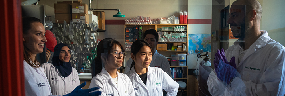 a team of researchers in a lab, discussing something with their faculty supervisor