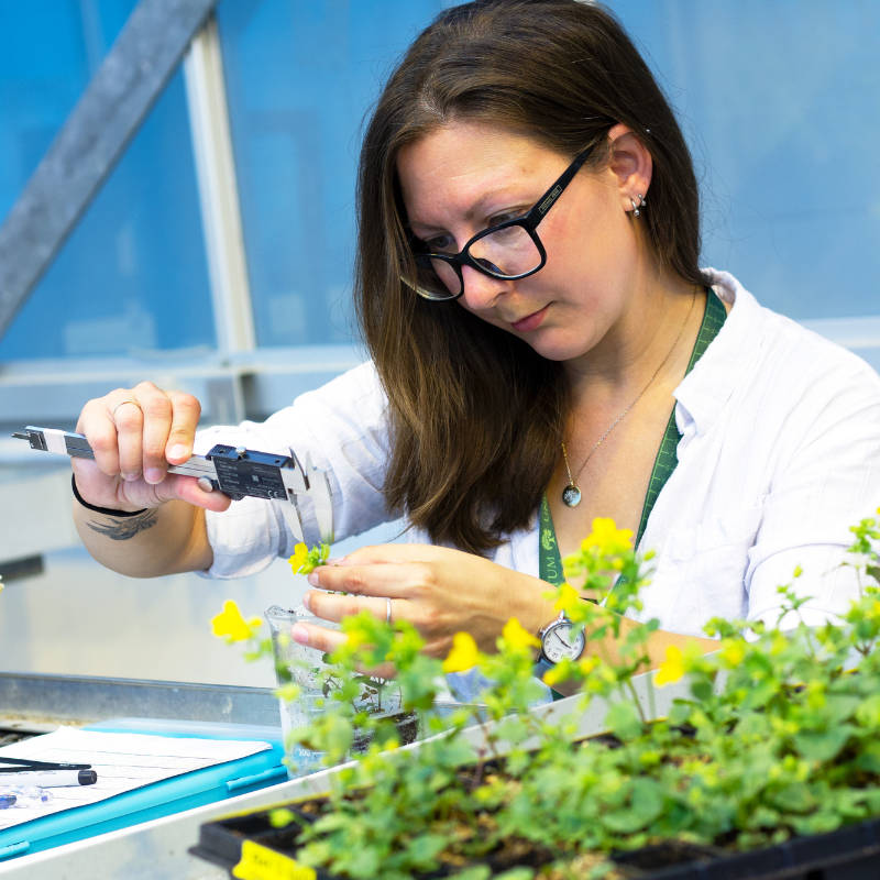 A woman dressed in a lab coat, representing her commitment to research and innovation in a laboratory context.