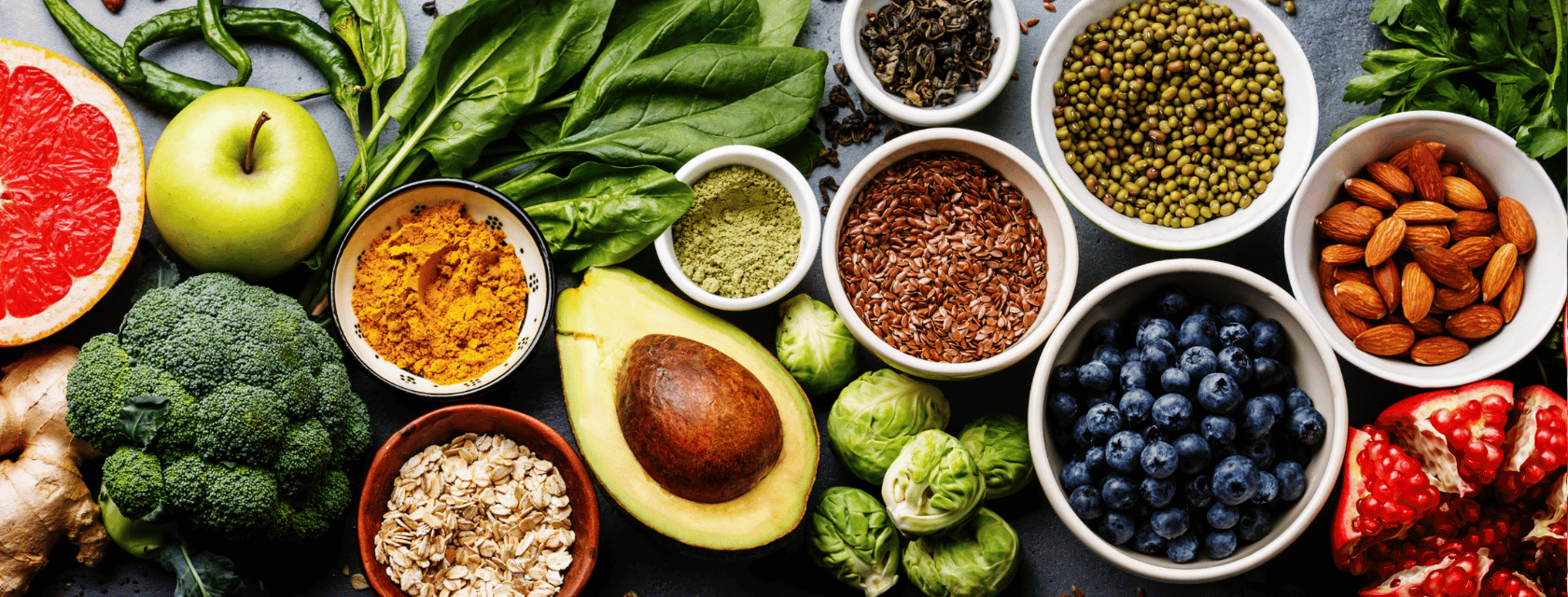 A colorful assortment of fruits and vegetables arranged in bowls.