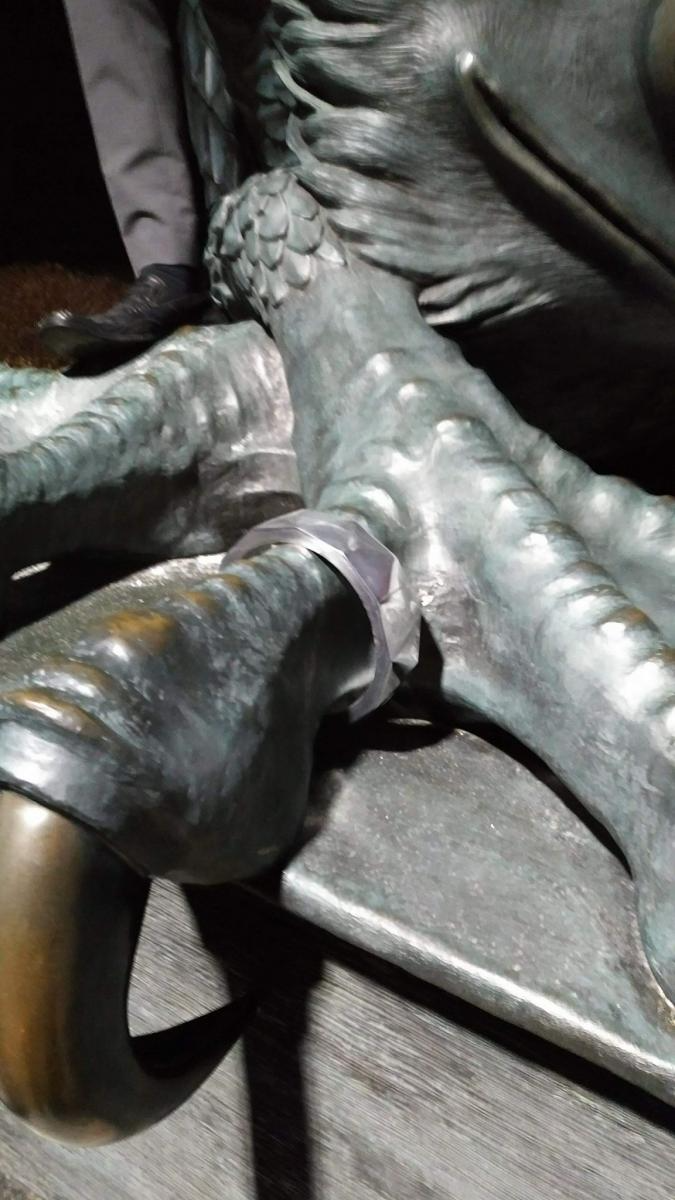 Close-up of the Gryphon statue from 2018 wearing the original Iron Ring.