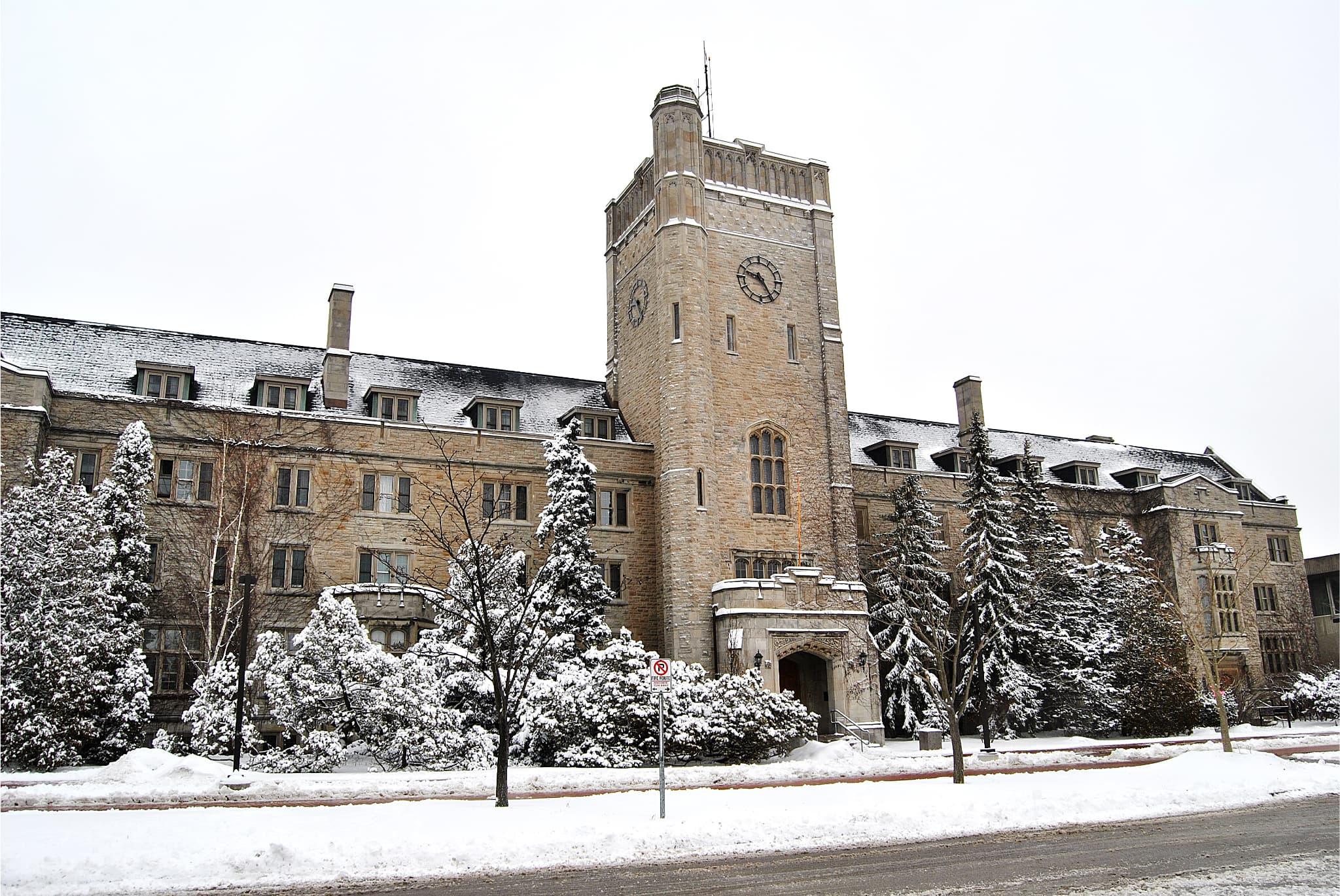 Johnston Hall building covered with snow