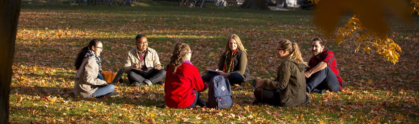 Students studying on grass in the Fall.