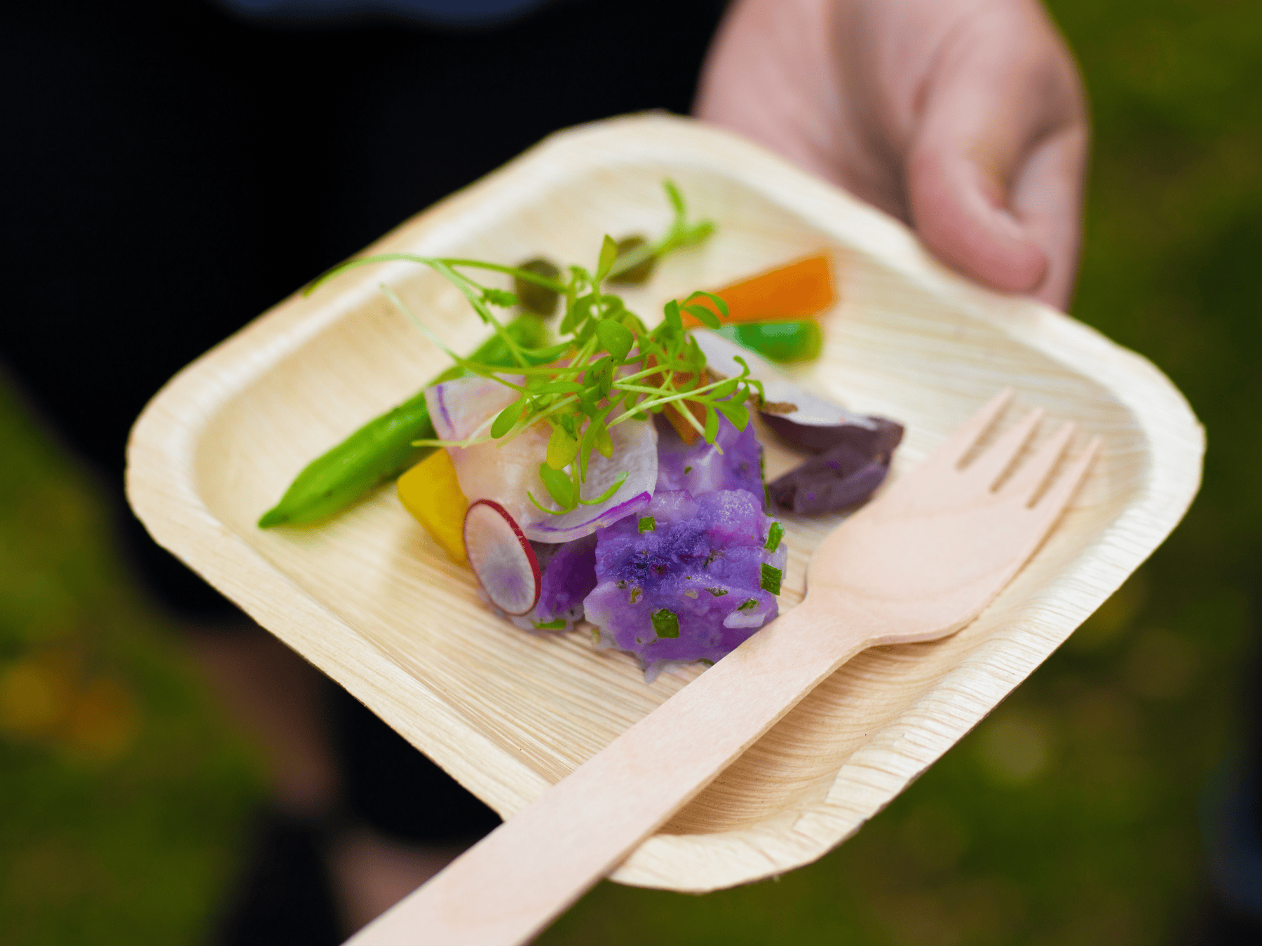 canape on bamboo tray with bamboo fork