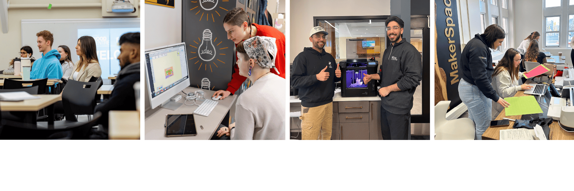 a series of photos of students in the MakerSpace