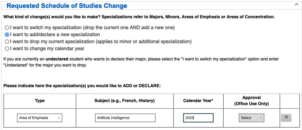 Schedule of Studies change form with Type: Area of Emphasis, Subject: the chosen area of emphasis, Calendar Year: 2025