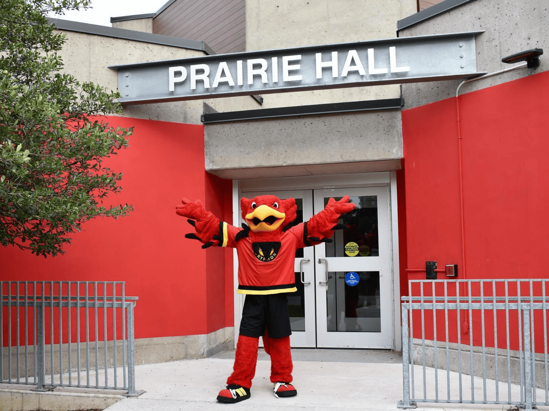 Gryph in front of Prairie Hall