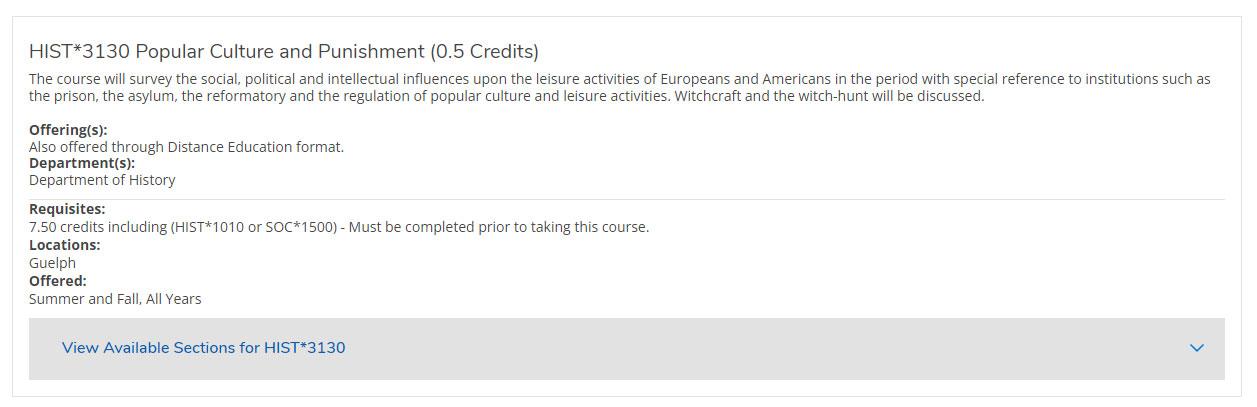 Screenshot of course description for HIST*3130 in WebAdvisor
