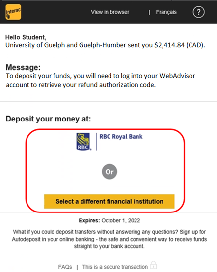 Screenshot of the email example from Interac