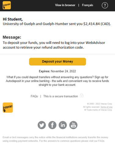 Screenshot of the email example from Interac
