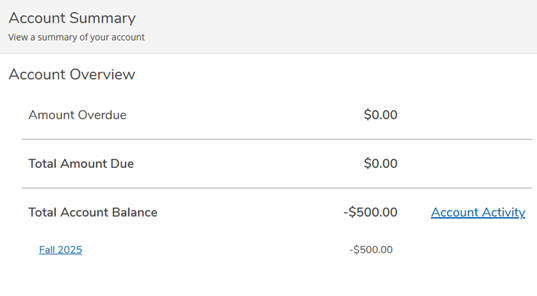 Screenshot of Account View on WebAdvisor showing a negative balance of $500