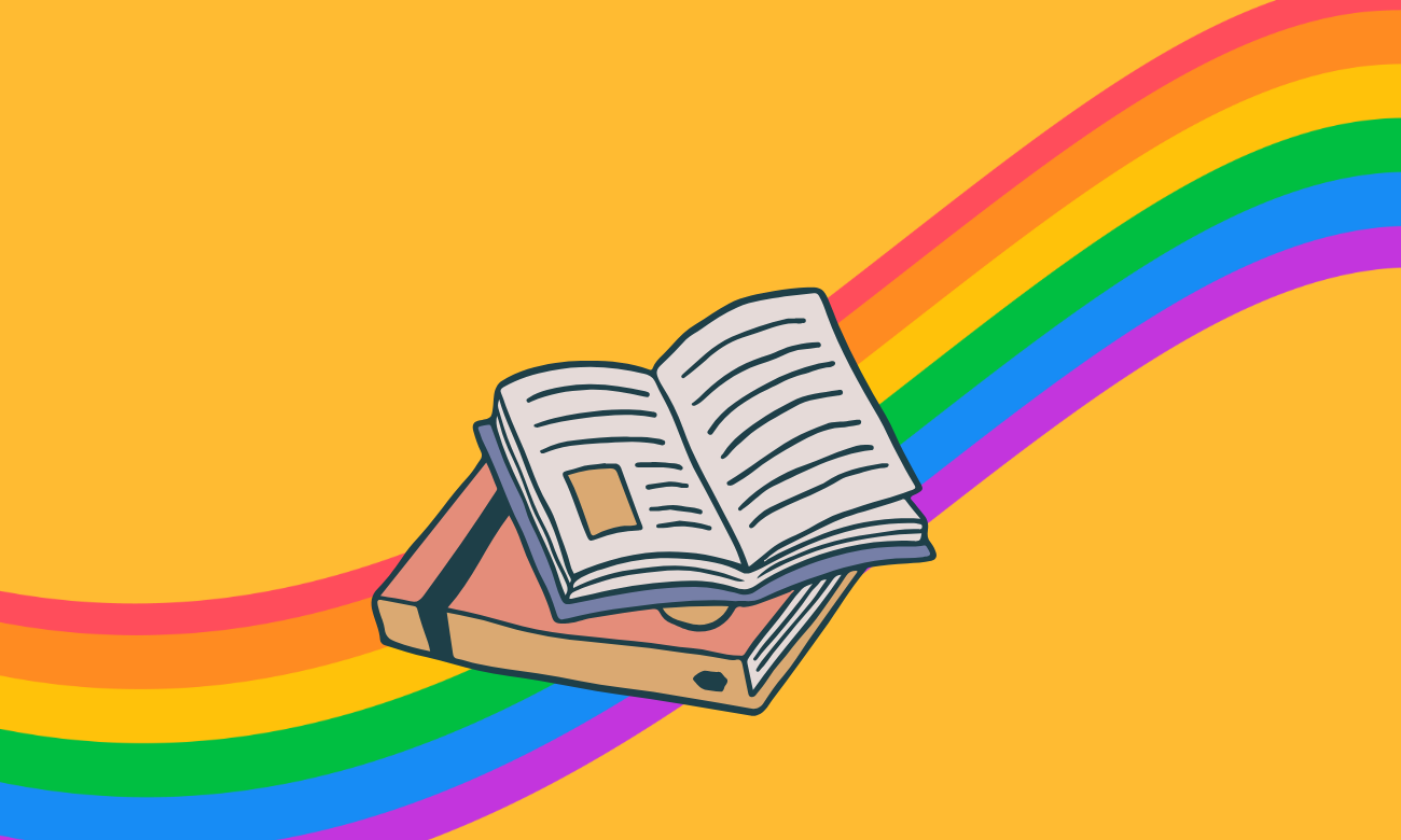 a graphic of an open book in front of a rainbow