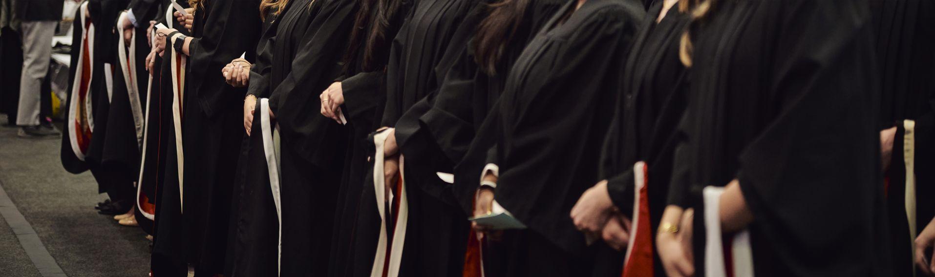 hands of graduation students holding their hoods