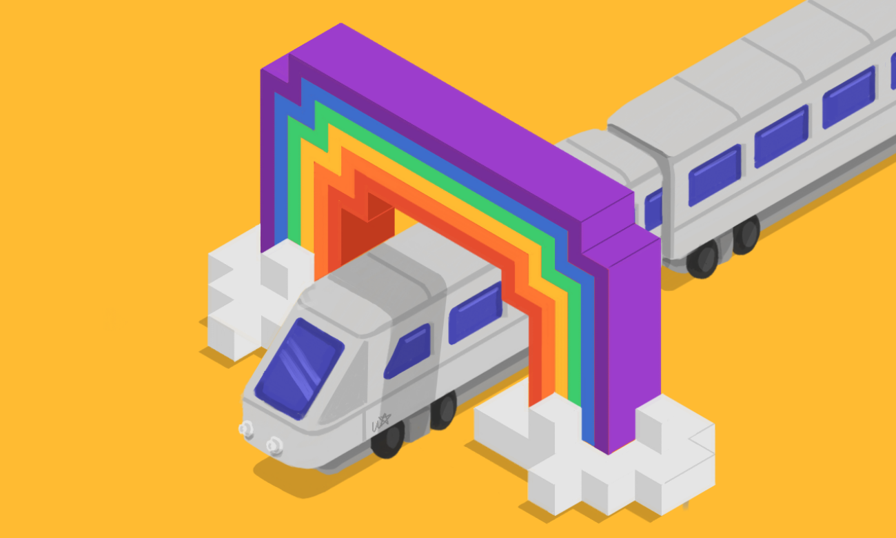 a lego train moving through a lego rainbow