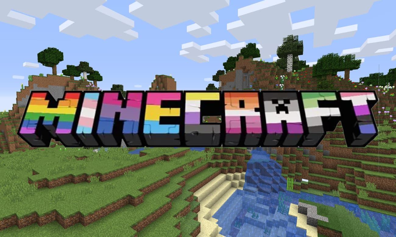 Minecraft scene with the Minecraft logo in the centre, with each letter representing a different pride flag