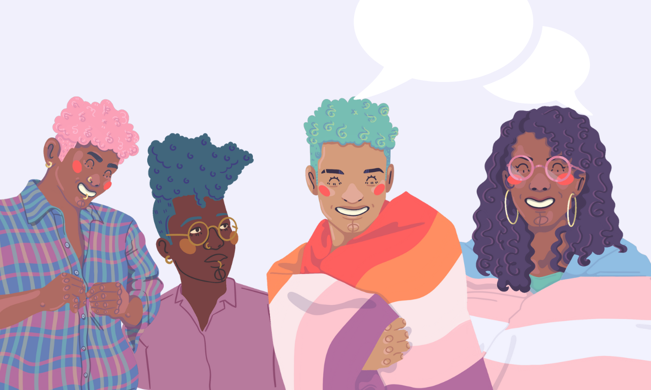 graphic design of four individuals wearing the trans pride flags