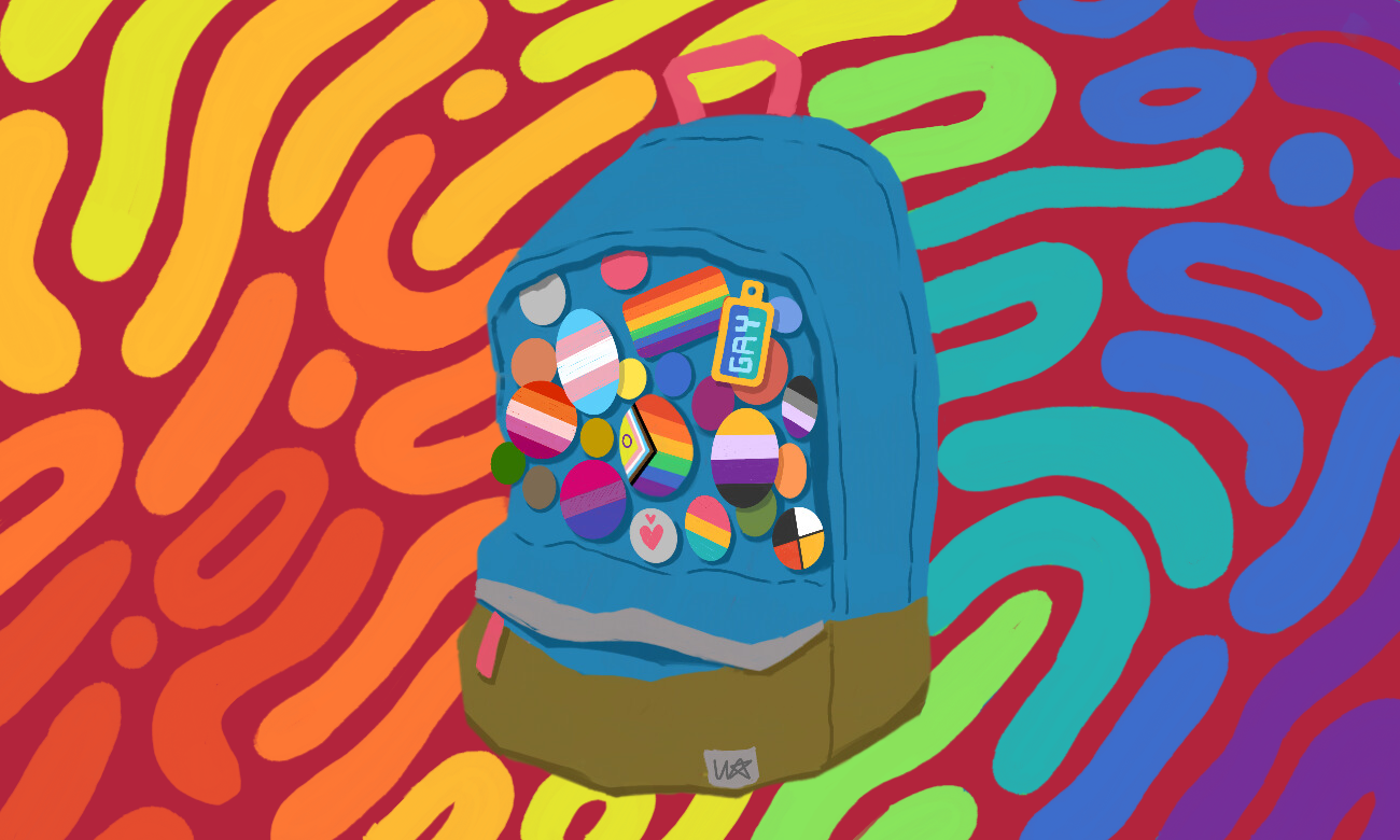 canva graphic of backpack with pride pins