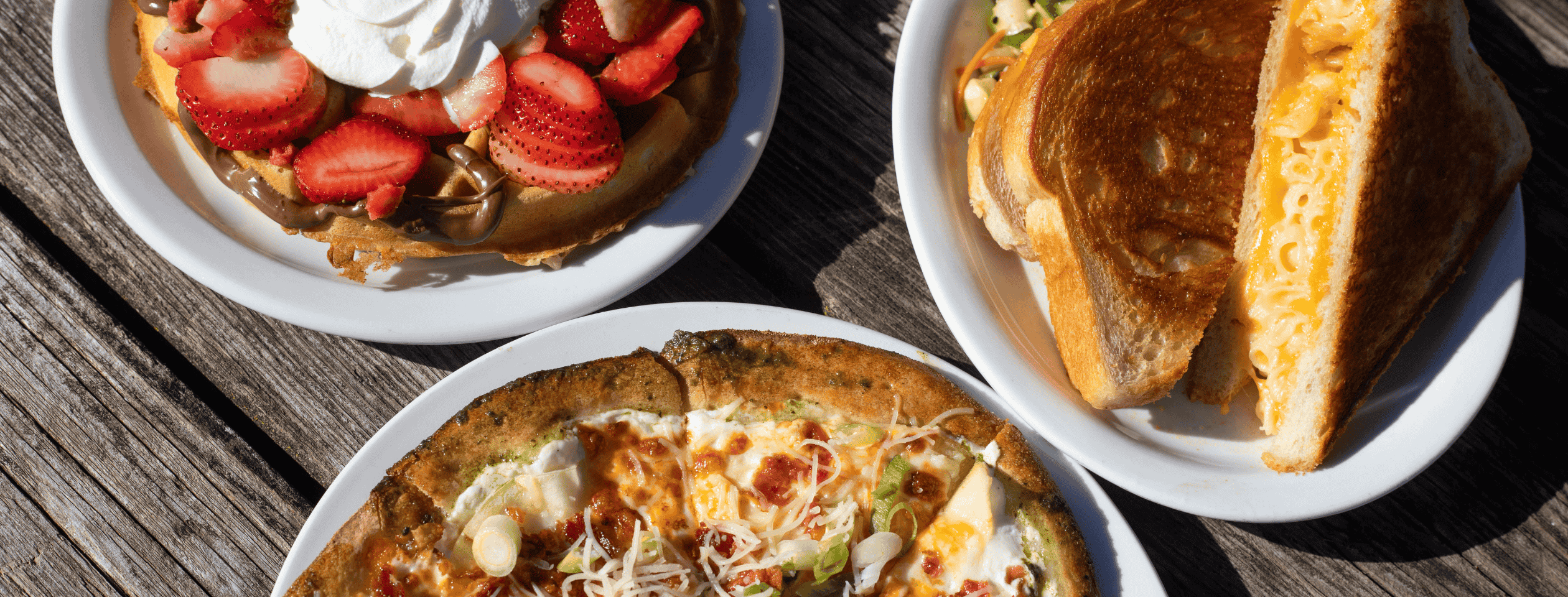 waffle, grilled cheese and pizza