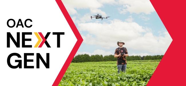 oac next gen graphic with a man flying a drone in a field