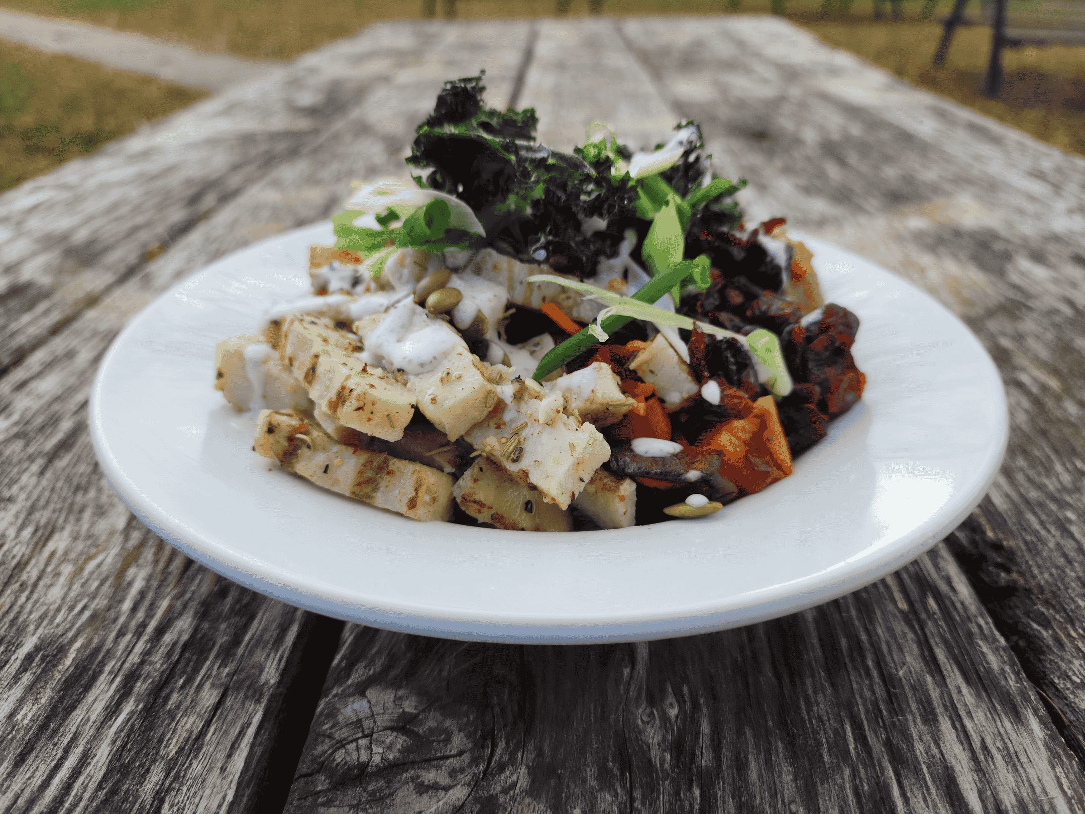 chicken salad bowl on a bench outdoors