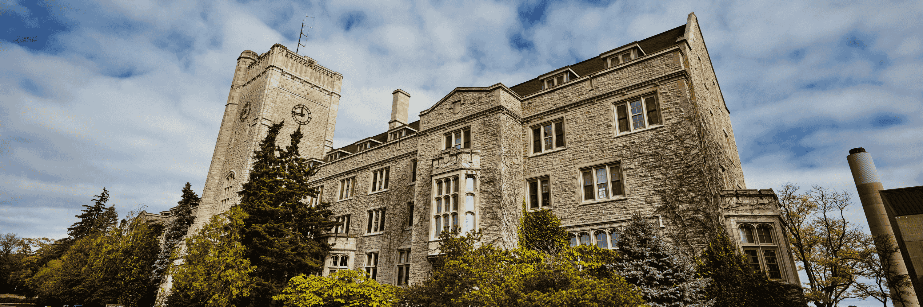 Looking up at the Johnston Hall building on the University of Guelph campus