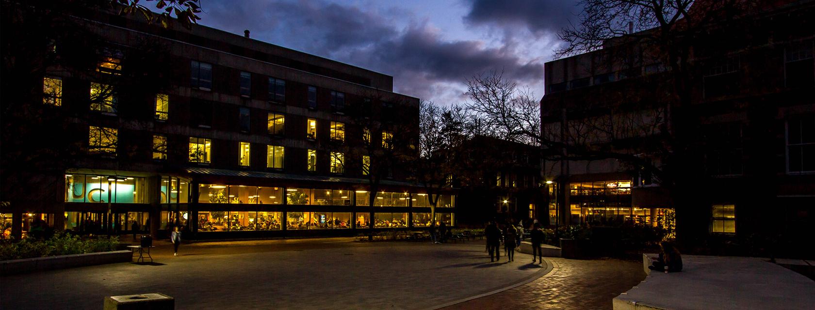 Branion plaza and the University Centre in the evening.