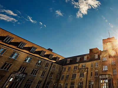 The back of Johnston Hall with the sun setting in the background.