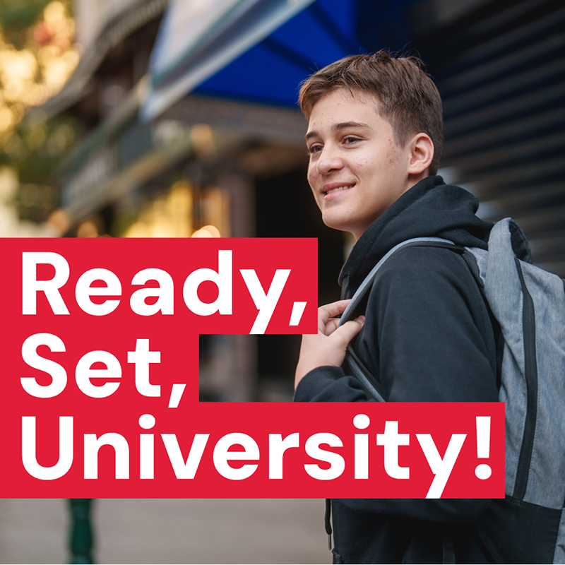 Young male high school student with text that reads: Ready, Set, University!
