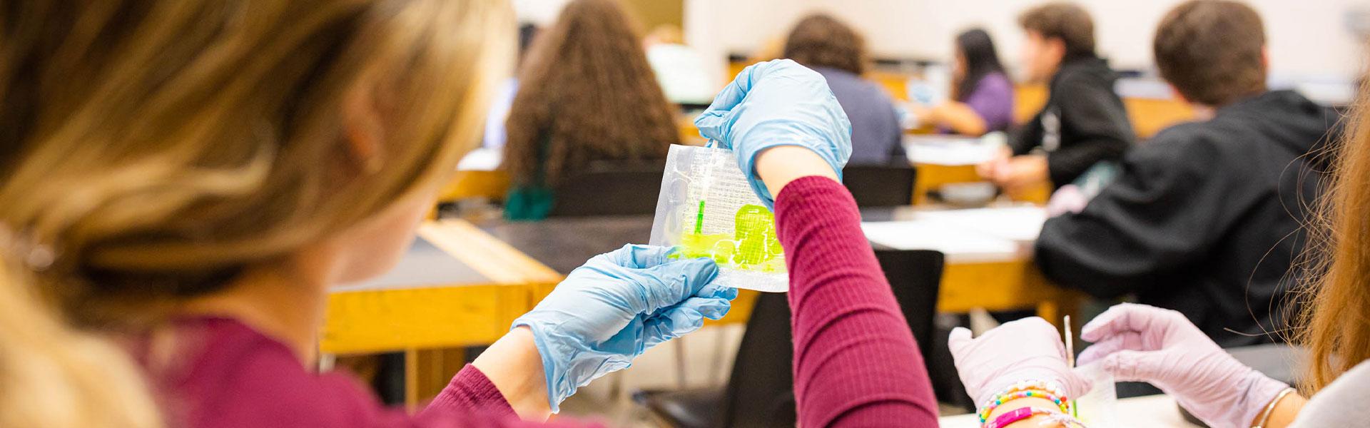Student wearing blue latex gloves holds a small plastic package of green liquid and takes samle