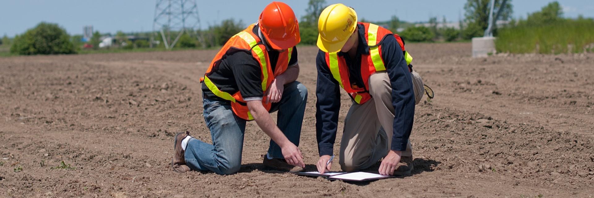 Two people wearing construction vests and hard hats kneel on dirt ground outside, looking at a paper.