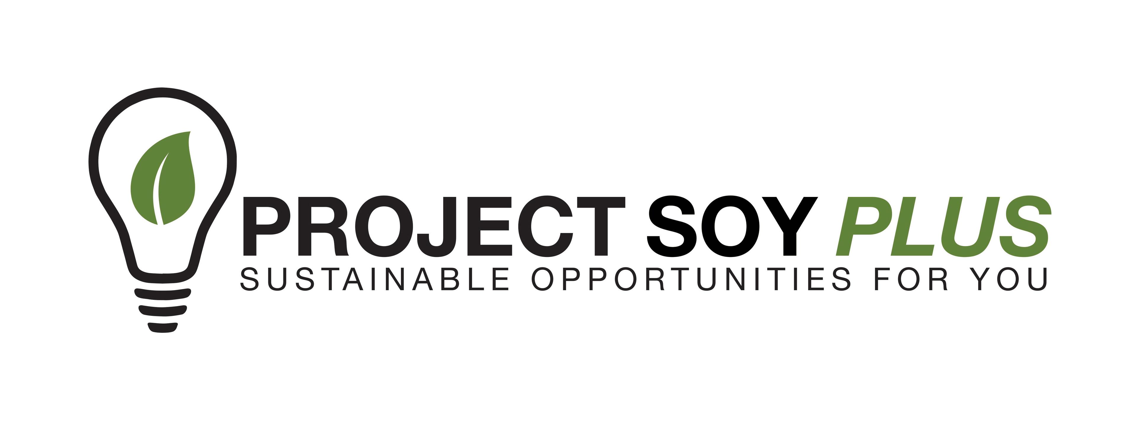Logo for "Project Soy Plus" with a light bulb symbol containing a green leaf inside. The tagline reads "Sustainable Opportunities For You" positioned below the main logo text.