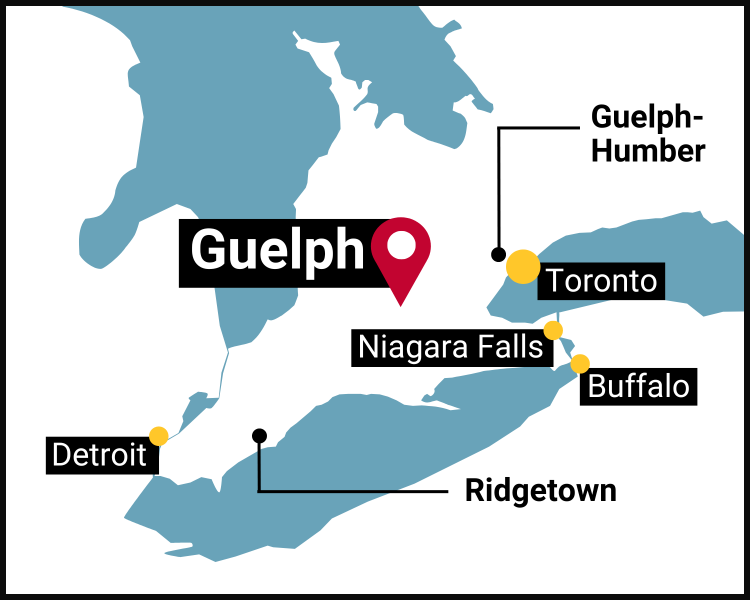 A map depicting the location of Guelph relative to surrounding cities