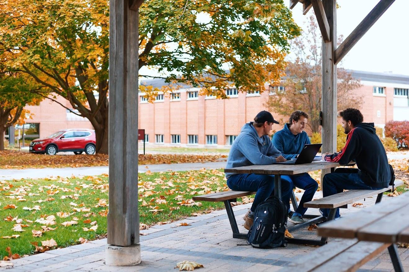 3 people sitting at a picnic table, talking