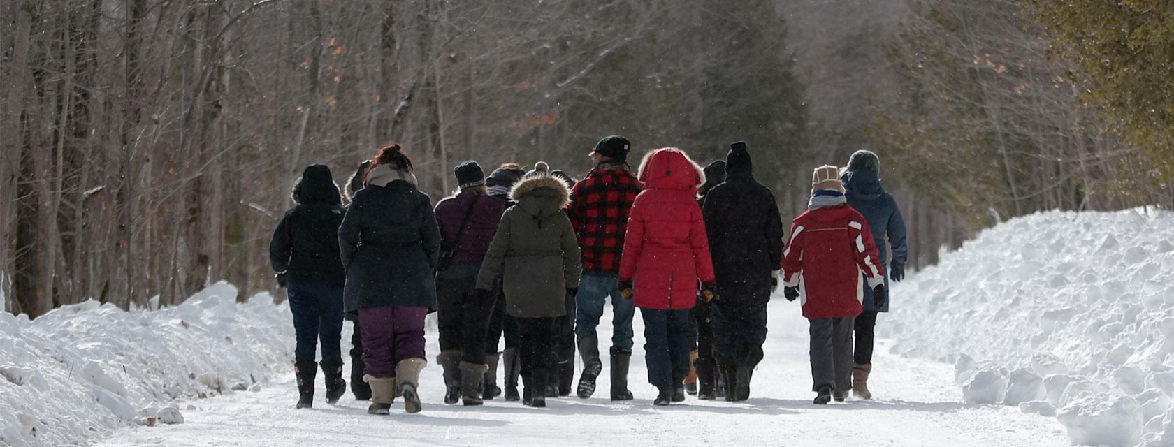 A group of students walking along snow-covered roads, dressed in warm winter clothing.