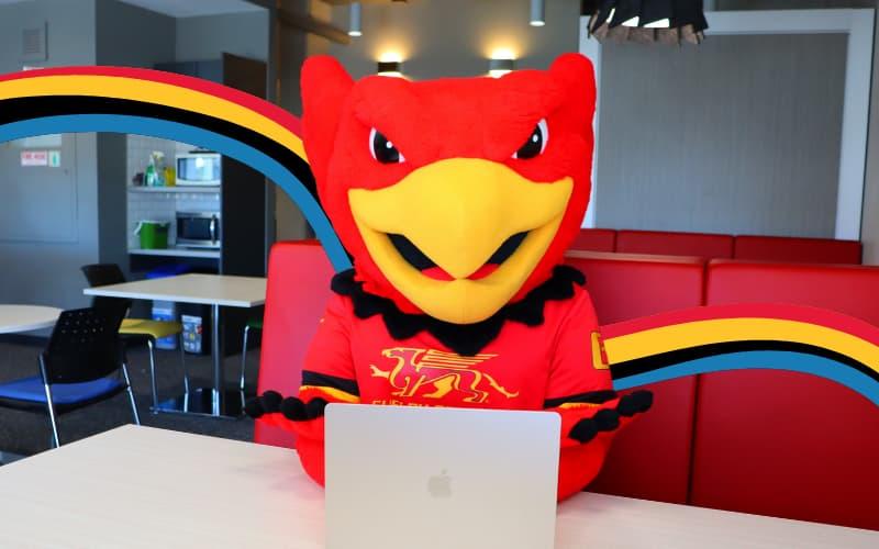 Gryphon mascot using a laptop