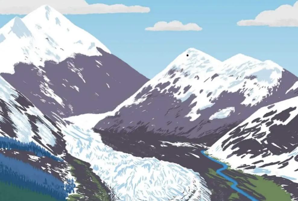 graphic of mountains and a glacier running through