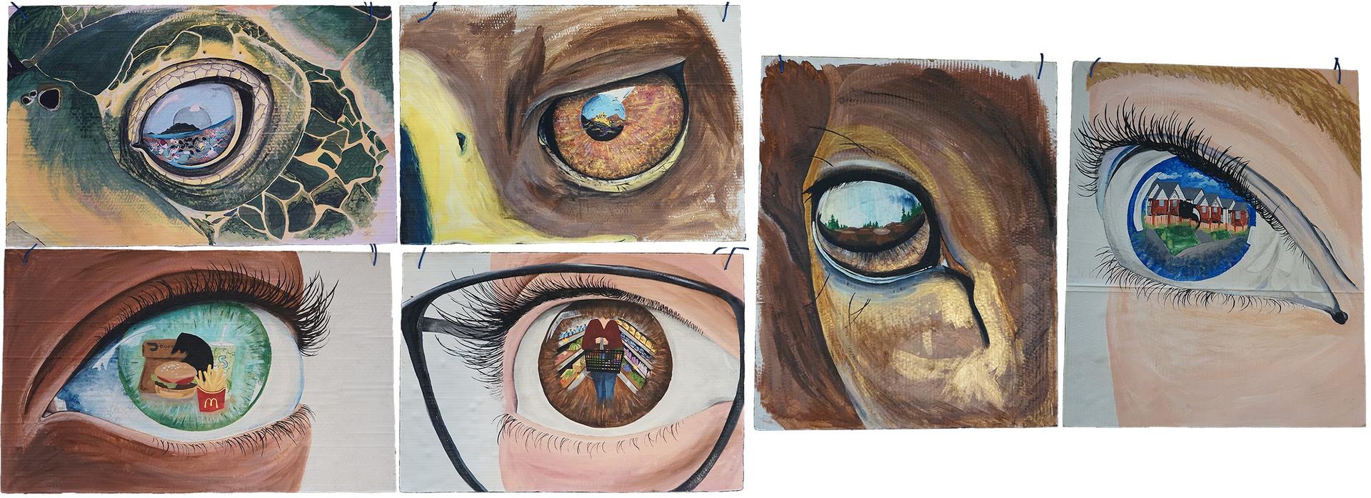 A collage of six painted eyes, three animal and three human, each with a scene reflected in the pupil, including ocean life, landscapes, suburban homes, food and a grocery store.