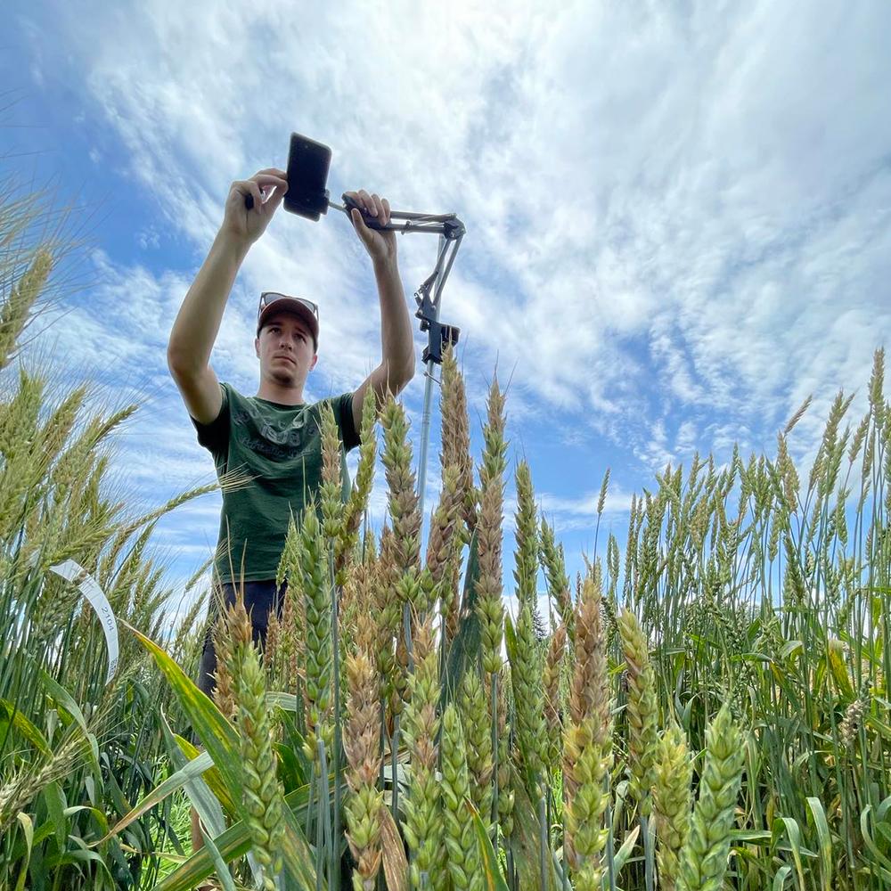 A man standing in a field taking pictures of the wild grass