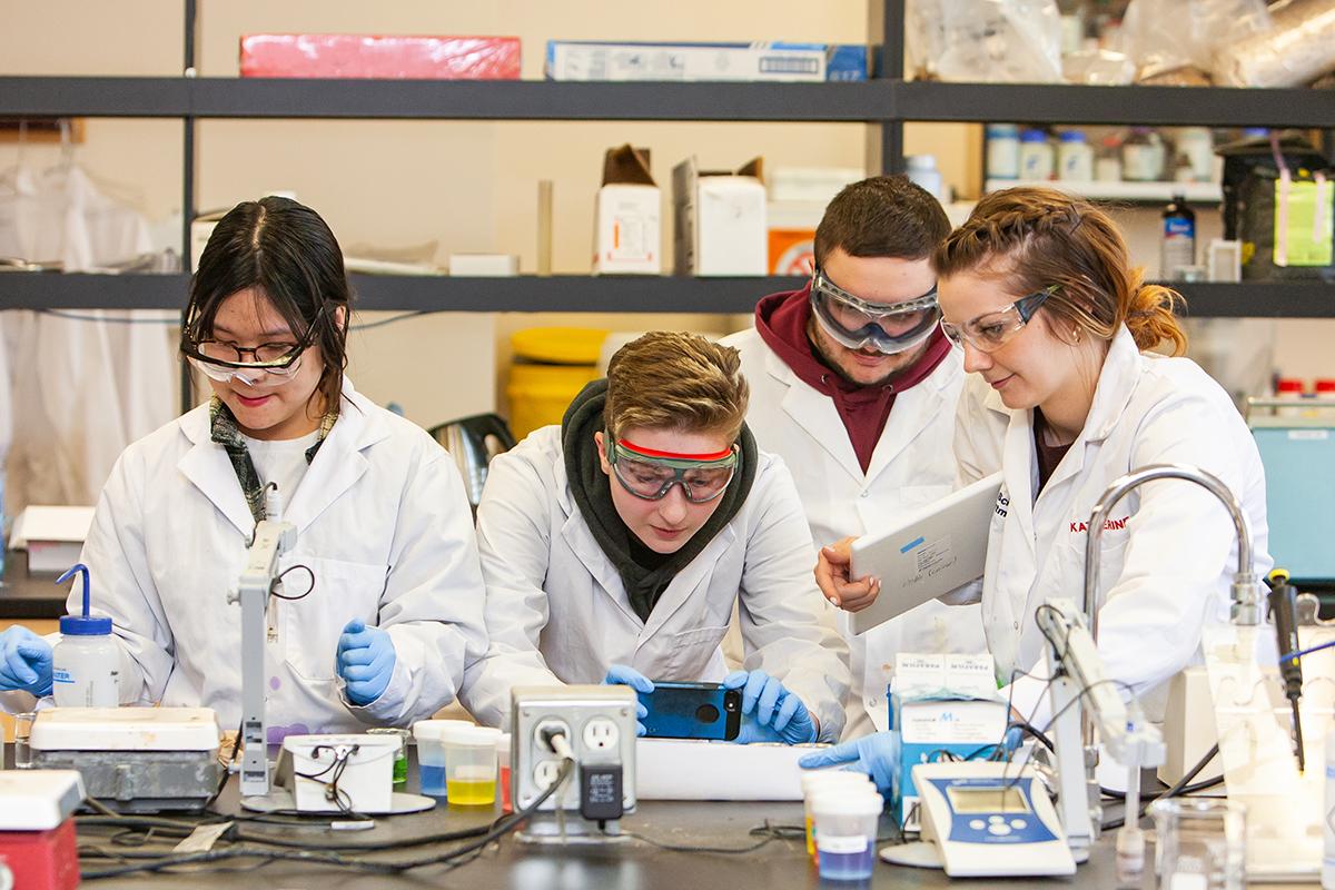 Four scientists conducting an experiment