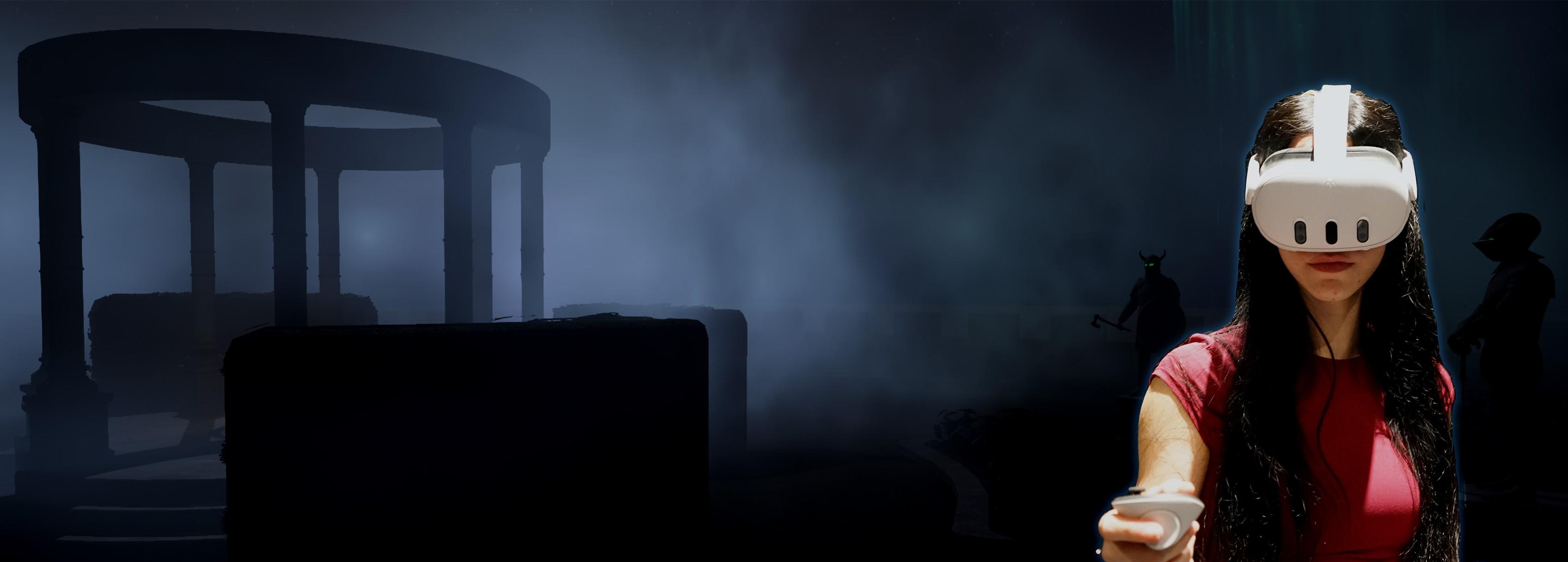 A student wearing a VR headset and holding controllers appears immersed in a Shakespeare-themed virtual reality experience.