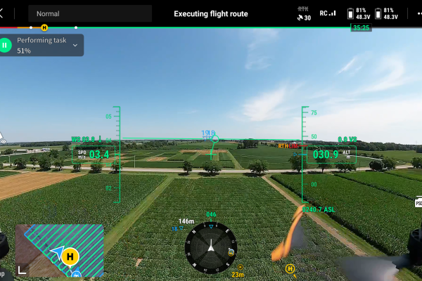 A drone view of a soybean field with overlays on the screen