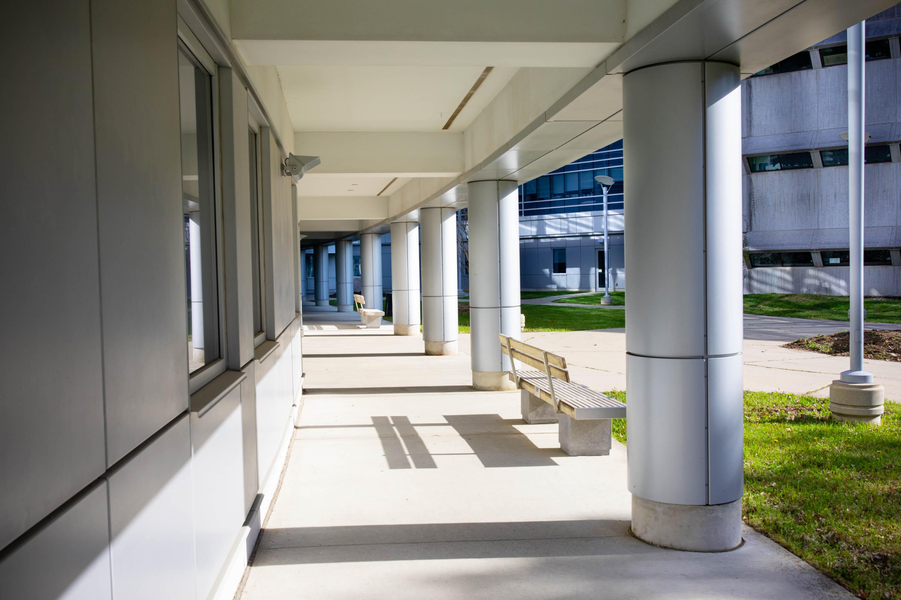 An outside shot of the walkway in front of the Summerlee Science Complex.