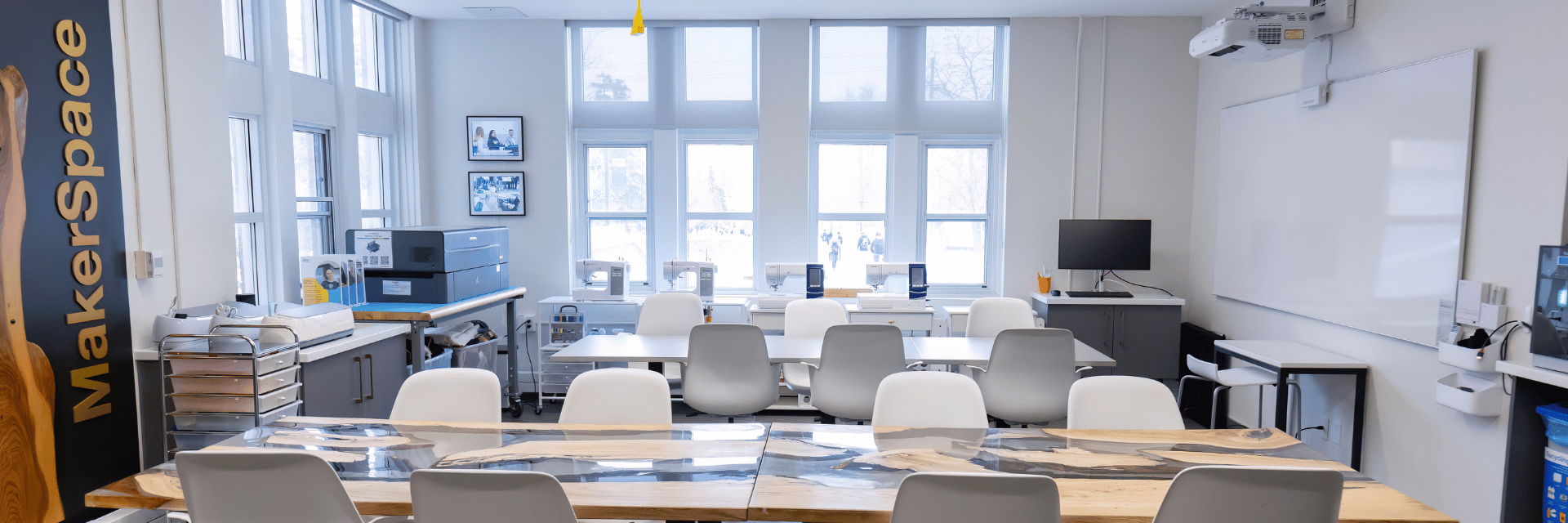 a classroom with text 'MakerSpace' on the side